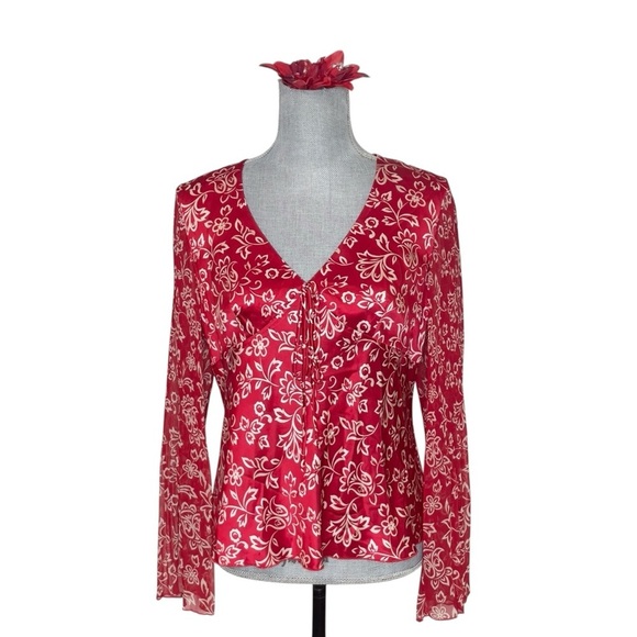 INC Y2K Blouse Flare Sleeve Whimsigoth Boho Silk Red Floral Fairy Size 8 - Picture 1 of 14